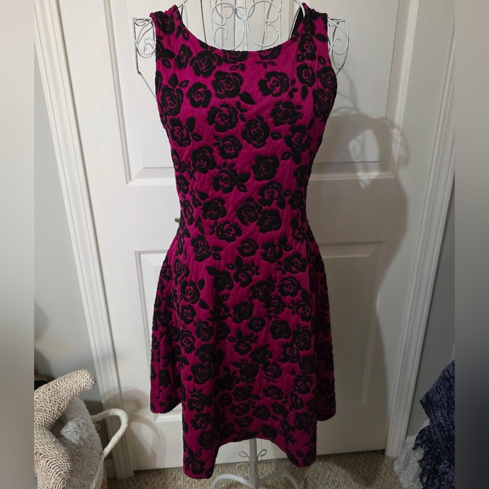 Floral Fit & Flare Mini Dress in Magenta and Black